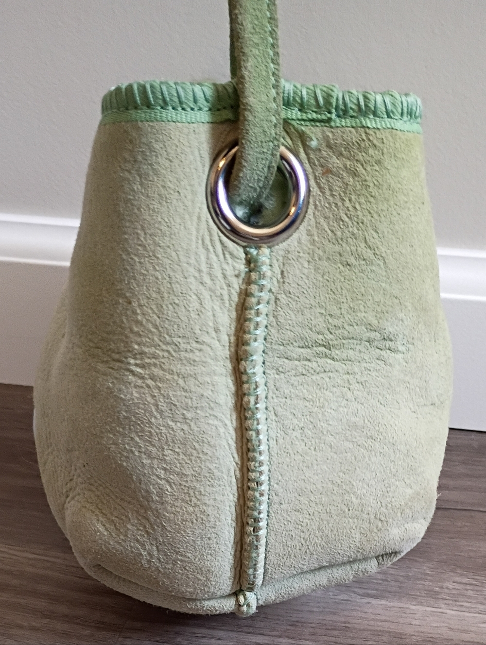 UGG Vintage Y2K Light Green Suede Sherpa Chunky Puff Mini Bucket Tote Handbag - Picture 3 of 8